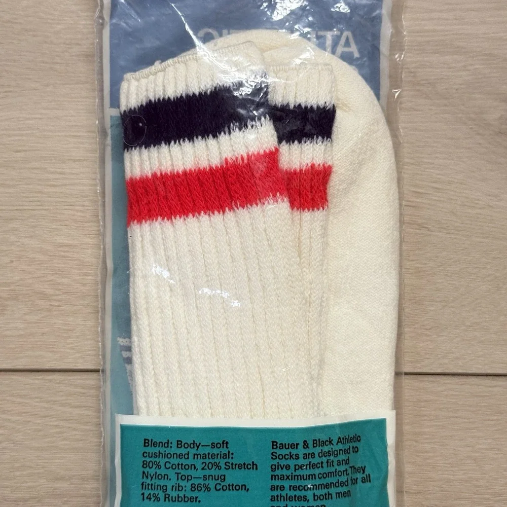 Vtg Bauer & Black Athletic‎ Socks R 10–13 Navy Scarlet Striped Crew USA NIP